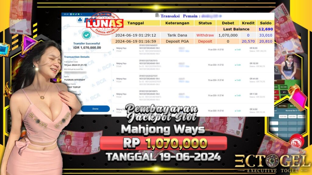 BUKTI JACKPOT SLOT MAHJONG WAYS TERPERCAYA DI INDONESIA TGL 19-06-2024