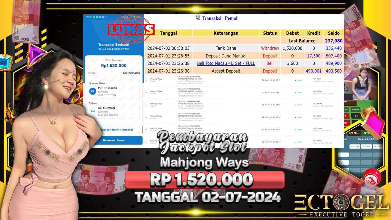 BUKTI JACKPOT SLOT MAHJONG WAYS TERPERCAYA DI INDONESIA TGL 02-07-2024