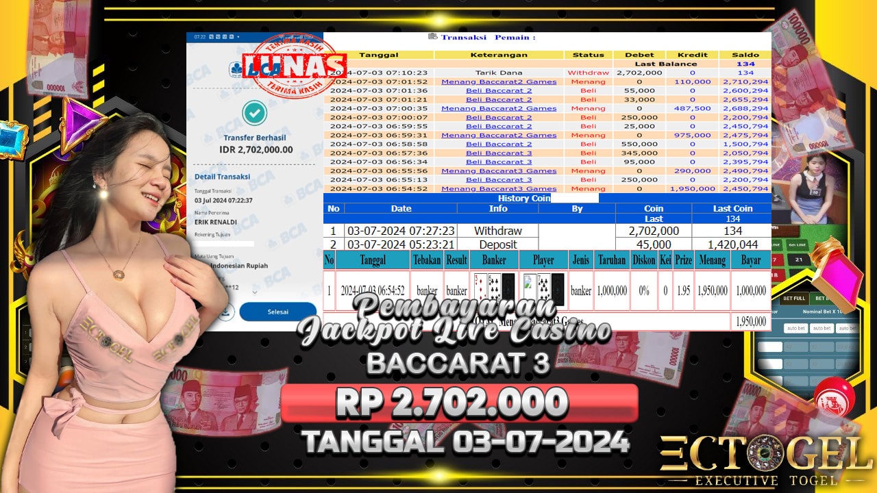 BUKTI JACKPOT BACCARAT 3 GAMES TERPERCAYA DI INDONESIA TGL 03-07-2024